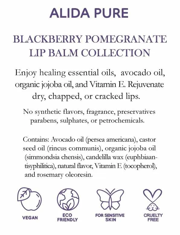 ALIDA PURE Blackberry Pomegranate Lip Balm Collection, Vegan Lip Balm Set, Beeswax Free, with Avocado Oil, Organic Jojoba Oil, and Vitamin E, Natural Moisturizer for Dry, Chapped Lips, 3 Tube Set