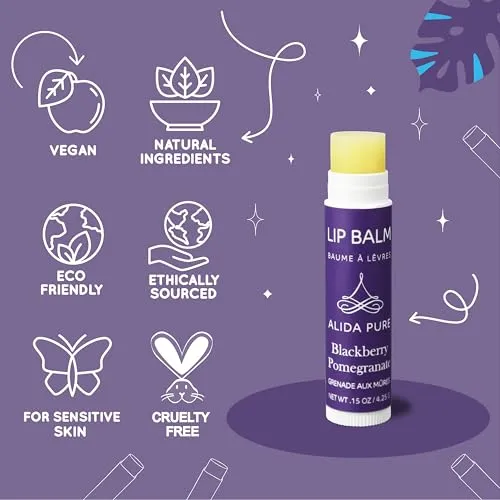 ALIDA PURE Blackberry Pomegranate Lip Balm Collection, Vegan Lip Balm Set, Beeswax Free, with Avocado Oil, Organic Jojoba Oil, and Vitamin E, Natural Moisturizer for Dry, Chapped Lips, 3 Tube Set