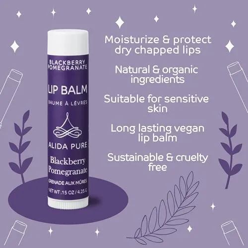 ALIDA PURE Blackberry Pomegranate Lip Balm Collection, Vegan Lip Balm Set, Beeswax Free, with Avocado Oil, Organic Jojoba Oil, and Vitamin E, Natural Moisturizer for Dry, Chapped Lips, 3 Tube Set