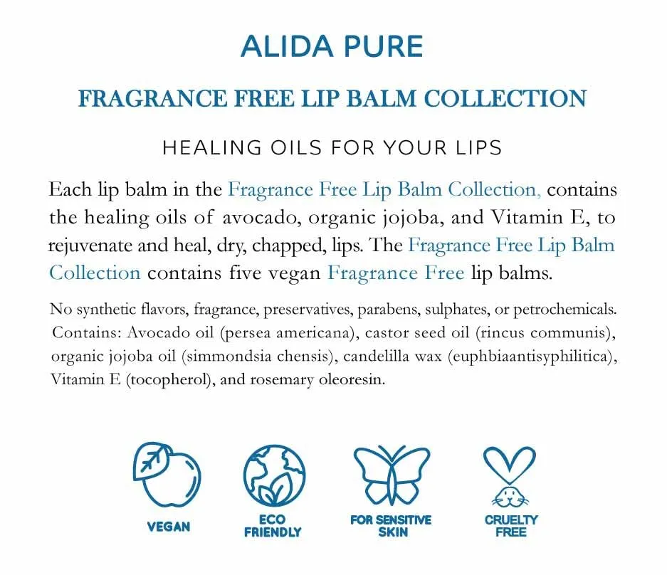 ALIDA PURE Fragrance Free Lip Balm, Vegan Lip Balm Set, Unscented, No Flavor, Beeswax Free, Organic Jojoba Oil, Avocado Oil, Vitamin E, Natural Moisturizer for Dry, Chapped, or Cracked Lips 5 Tube Set