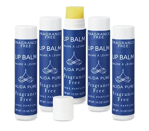 ALIDA PURE Fragrance Free Lip Balm, Vegan Lip Balm Set, Unscented, No Flavor, Beeswax Free, Organic Jojoba Oil, Avocado Oil, Vitamin E, Natural Moisturizer for Dry, Chapped, or Cracked Lips 5 Tube Set