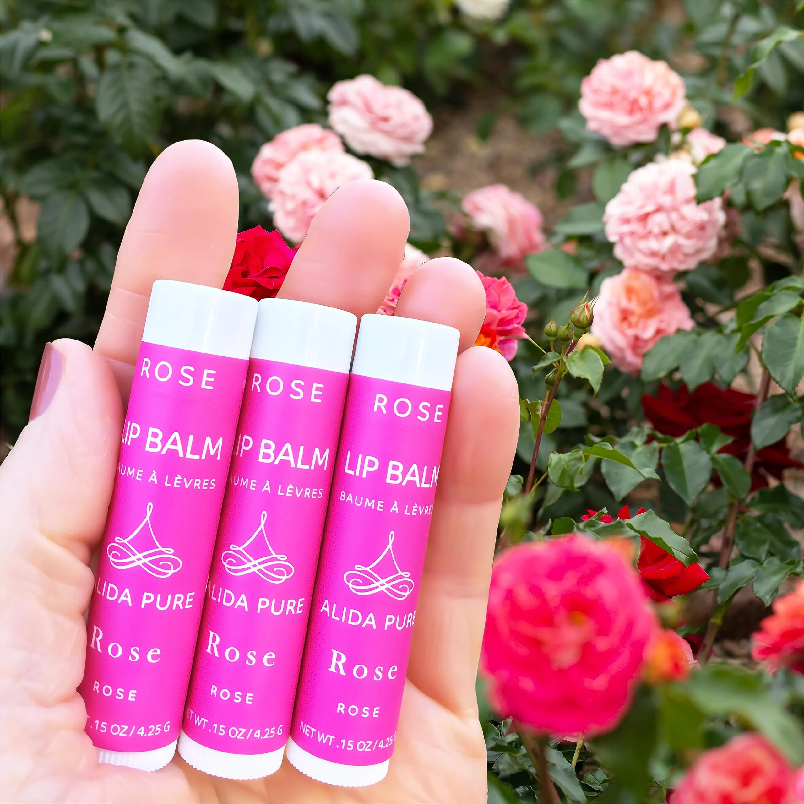 ALIDA PURE Rose Lip Balm Collection, Vegan Lip Balm Set, Beeswax Free, with Avocado Oil, Organic Jojoba Oil, and Vitamin E, Natural Moisturizer for Dry, Chapped Lips, 3 Tube Set