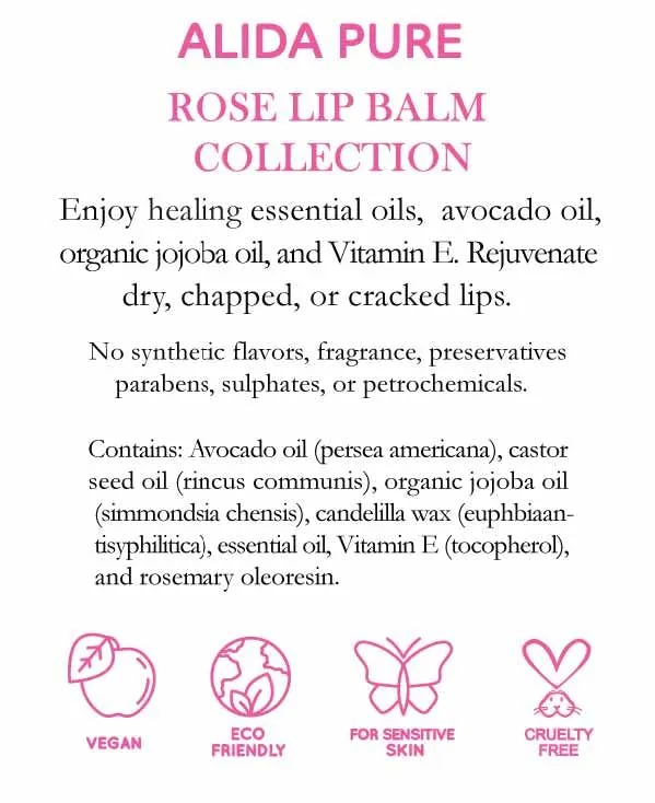 ALIDA PURE Rose Lip Balm Collection, Vegan Lip Balm Set, Beeswax Free, with Avocado Oil, Organic Jojoba Oil, and Vitamin E, Natural Moisturizer for Dry, Chapped Lips, 3 Tube Set