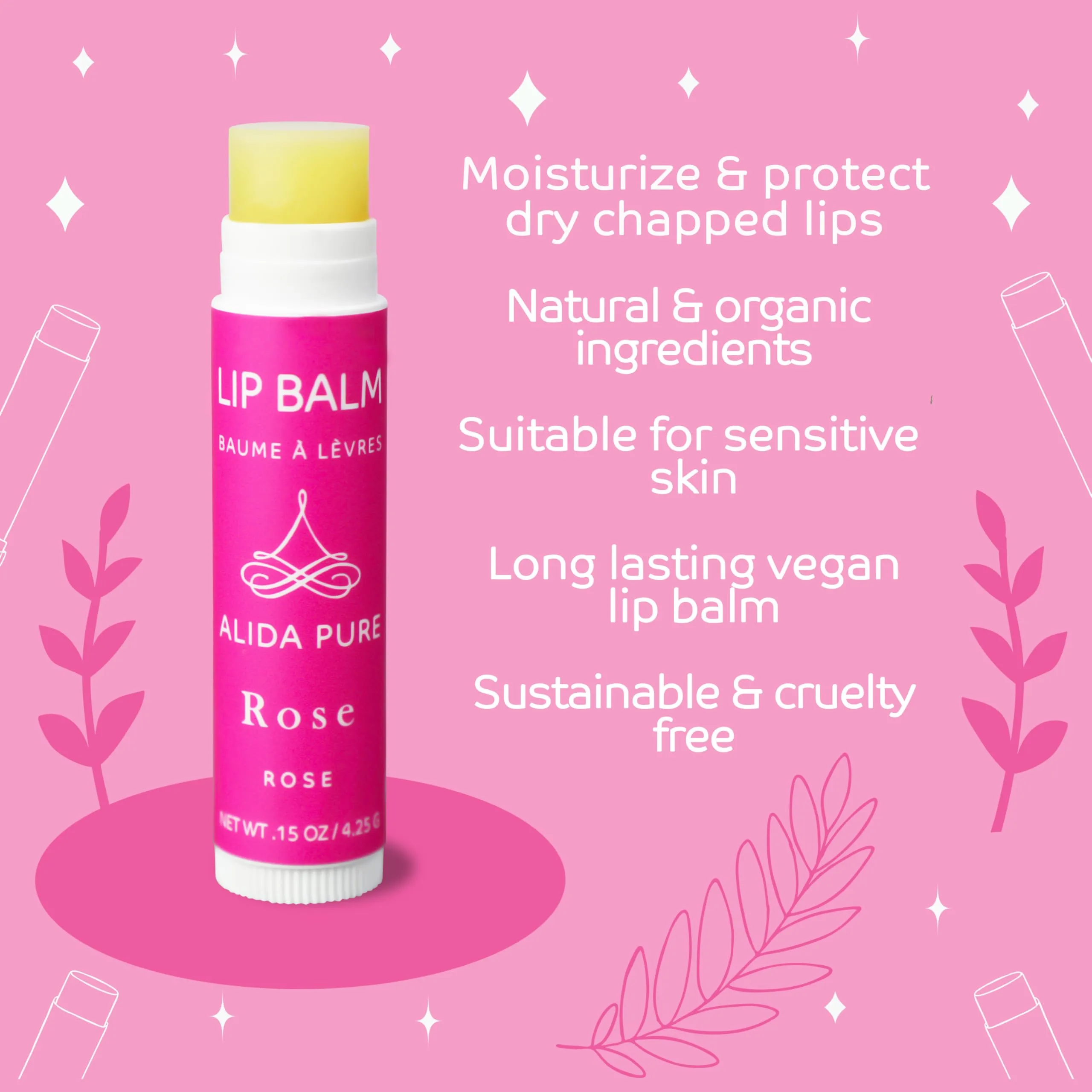 ALIDA PURE Rose Lip Balm Collection, Vegan Lip Balm Set, Beeswax Free, with Avocado Oil, Organic Jojoba Oil, and Vitamin E, Natural Moisturizer for Dry, Chapped Lips, 3 Tube Set