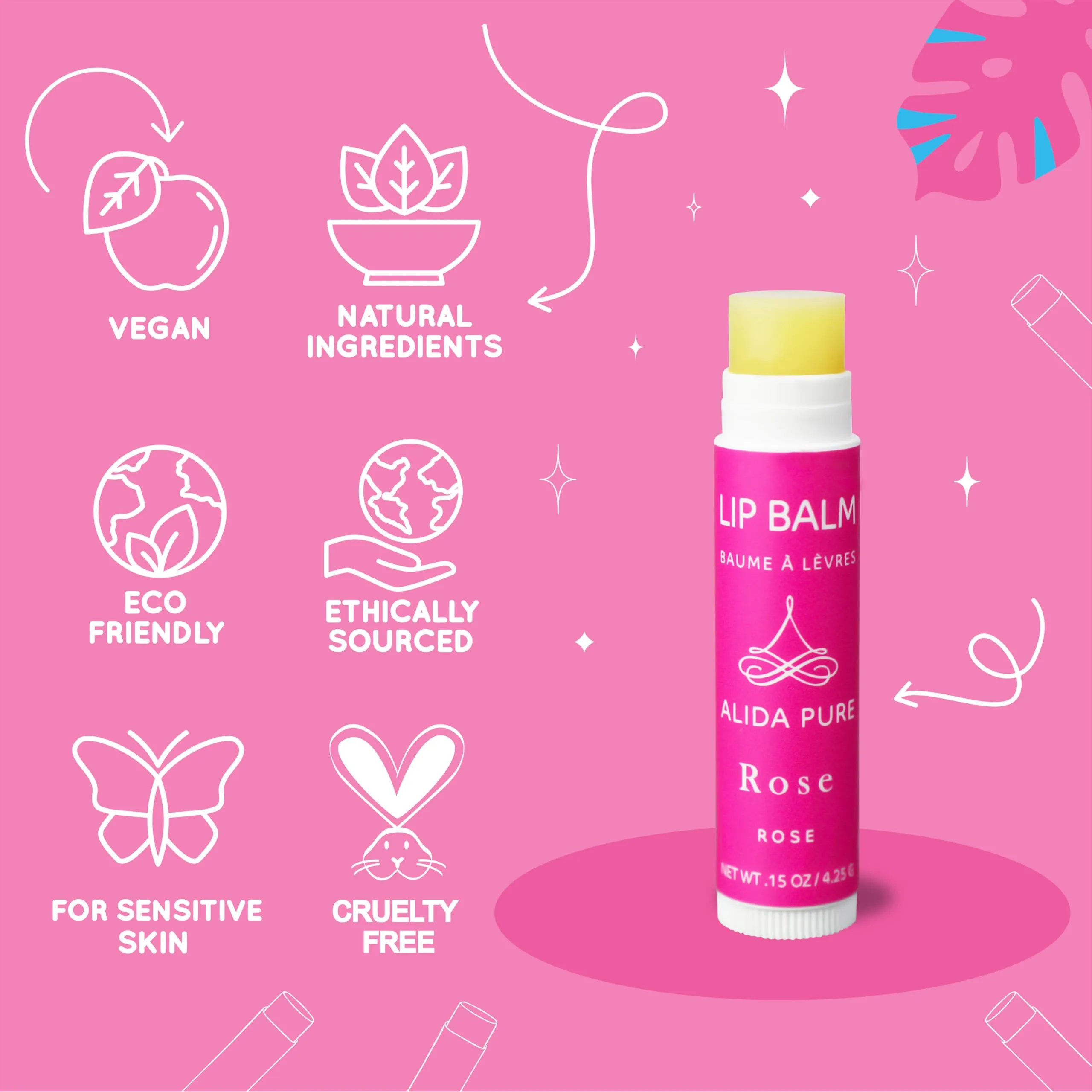 ALIDA PURE Rose Lip Balm Collection, Vegan Lip Balm Set, Beeswax Free, with Avocado Oil, Organic Jojoba Oil, and Vitamin E, Natural Moisturizer for Dry, Chapped Lips, 3 Tube Set