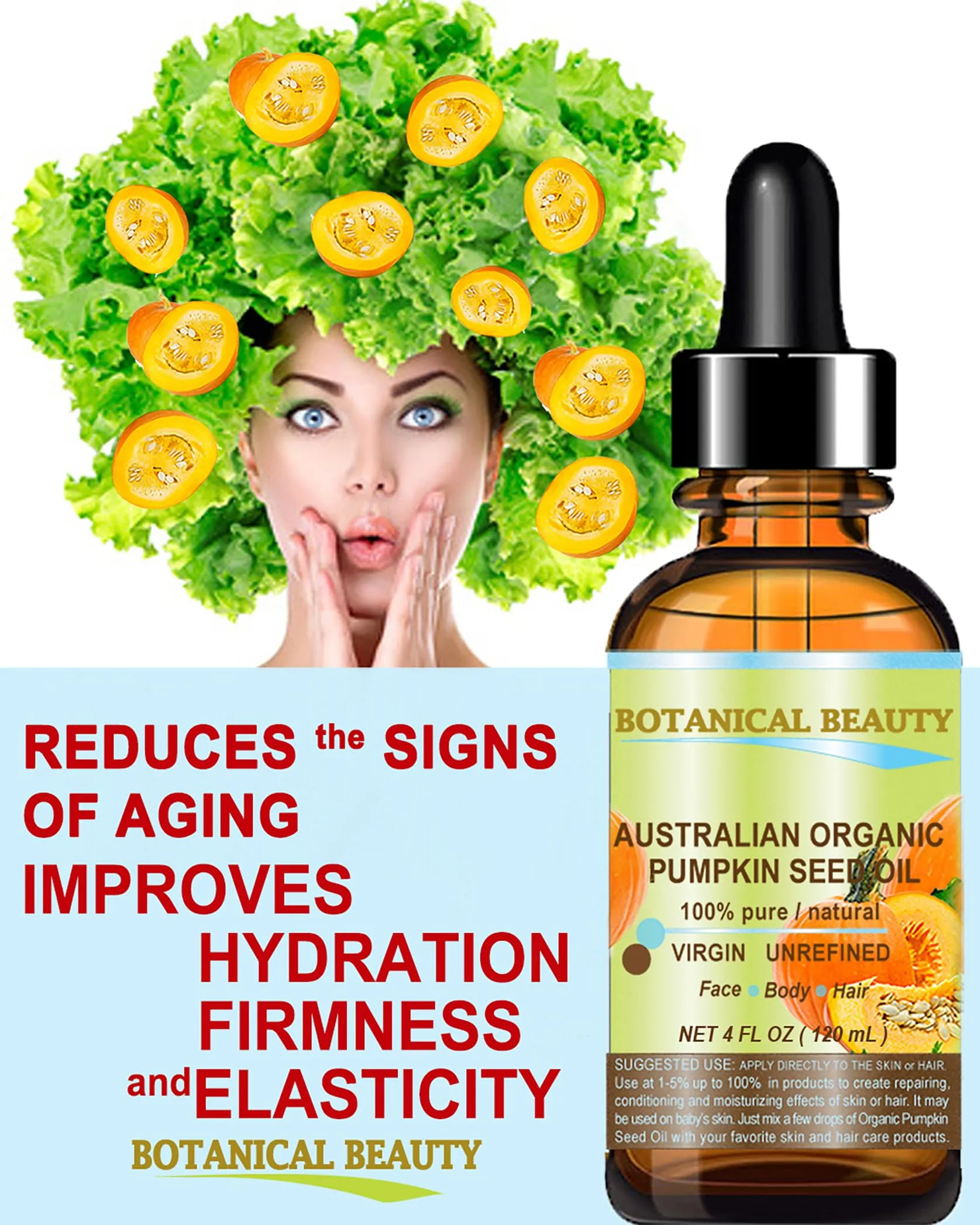 Australian ORGANIC PUMPKIN SEED OIL 100% Pure Natural Virgin Unrefined Cold Pressed Carrier Oil. 2 Fl.oz.- 60 ml. for Face, Skin, Hair, Lip, Nails by Botanical Beauty