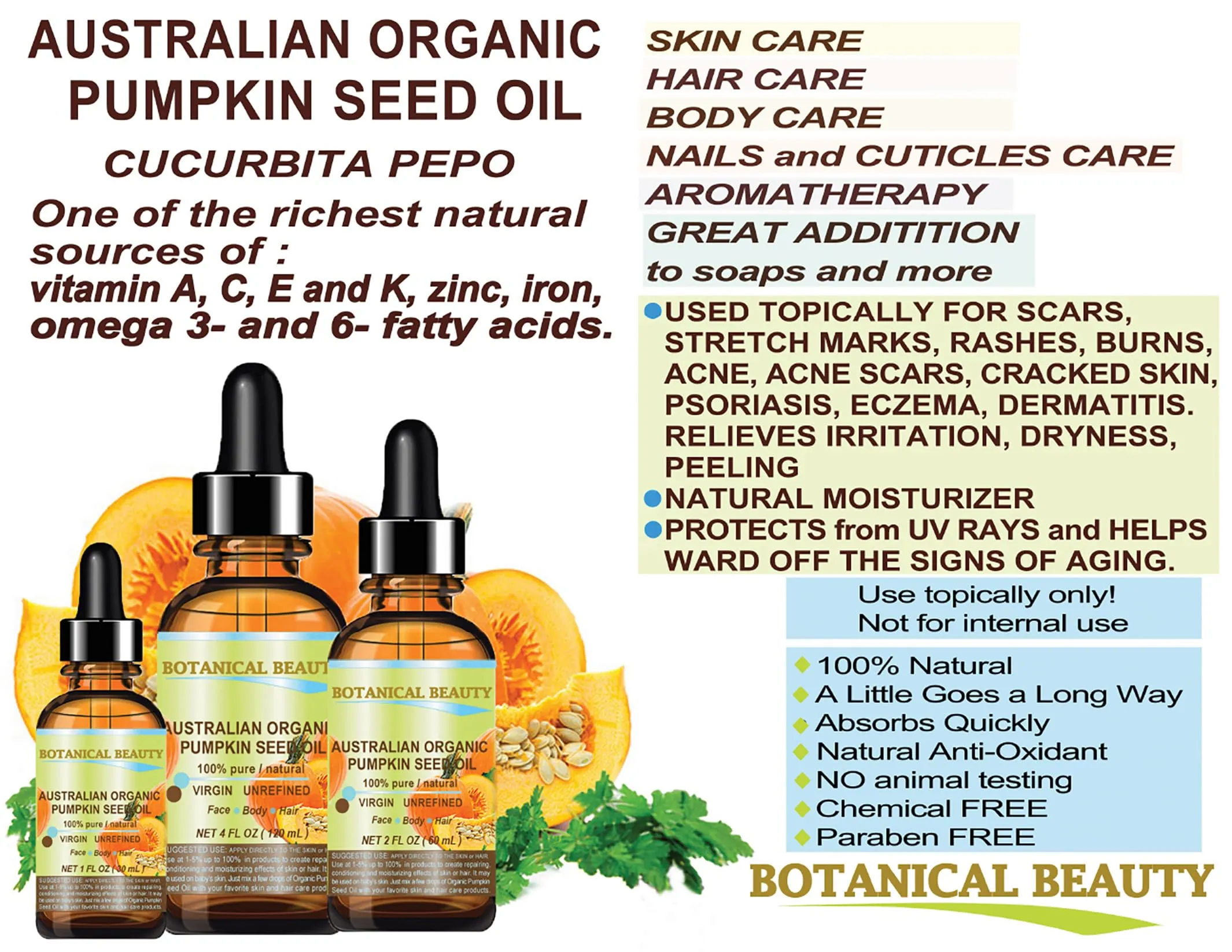 Australian ORGANIC PUMPKIN SEED OIL 100% Pure Natural Virgin Unrefined Cold Pressed Carrier Oil. 2 Fl.oz.- 60 ml. for Face, Skin, Hair, Lip, Nails by Botanical Beauty