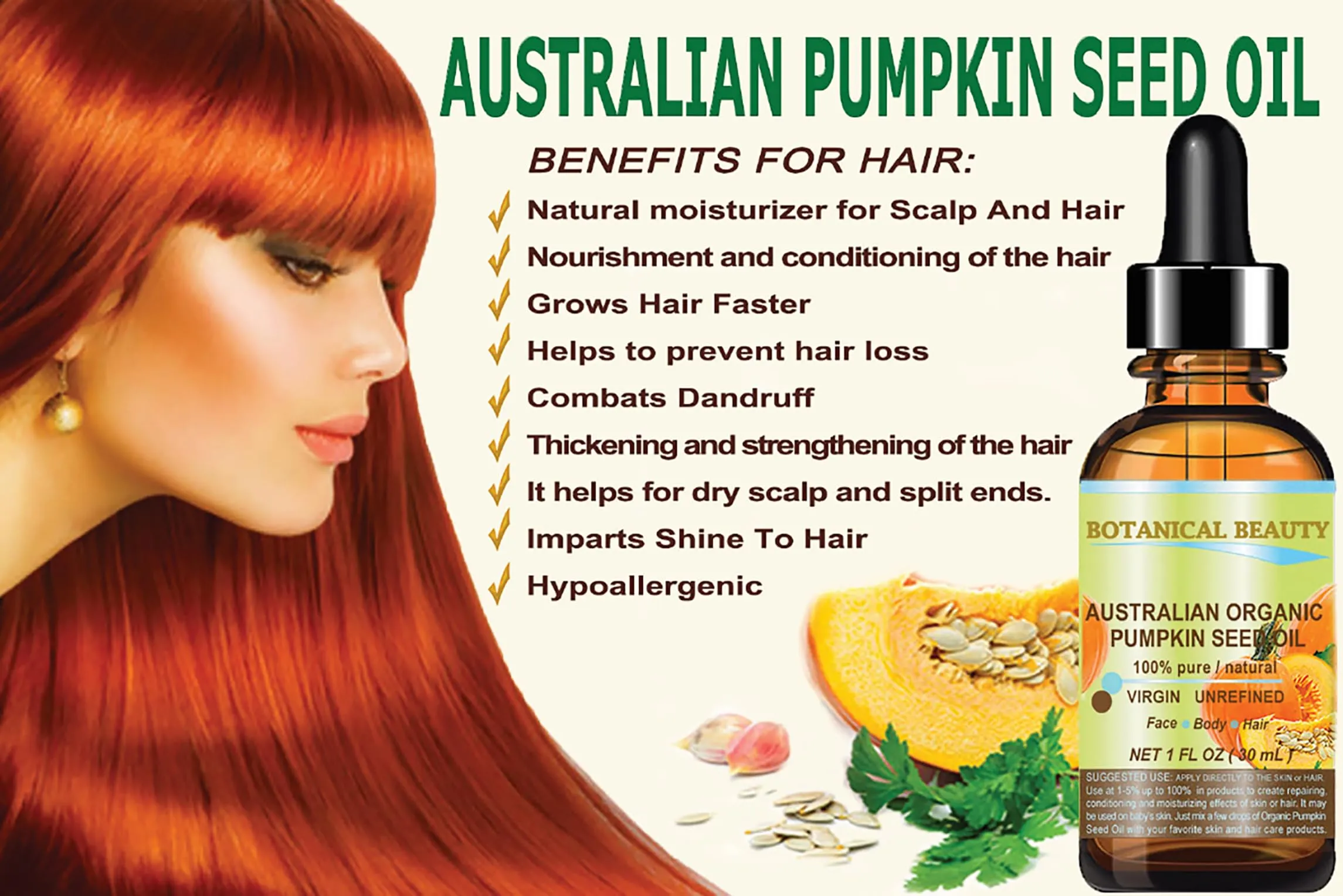 Australian ORGANIC PUMPKIN SEED OIL 100% Pure Natural Virgin Unrefined Cold Pressed Carrier Oil. 2 Fl.oz.- 60 ml. for Face, Skin, Hair, Lip, Nails by Botanical Beauty