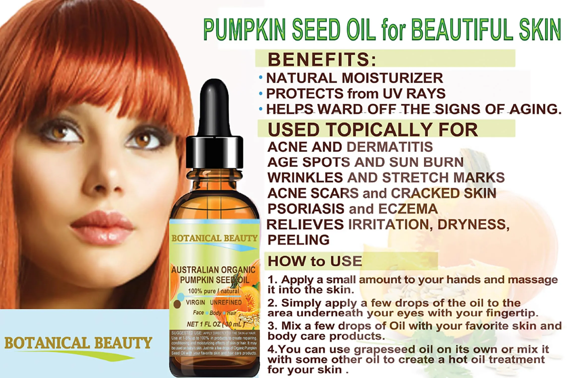 Australian ORGANIC PUMPKIN SEED OIL 100% Pure Natural Virgin Unrefined Cold Pressed Carrier Oil. 2 Fl.oz.- 60 ml. for Face, Skin, Hair, Lip, Nails by Botanical Beauty