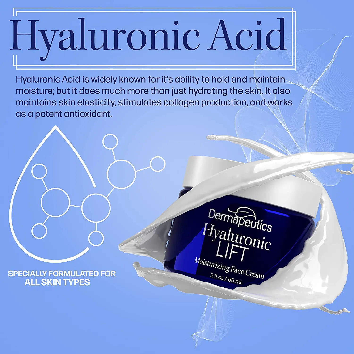 Dermapeutics Hyaluronic Acid Cream for Face with Moisturizer, 2 Oz