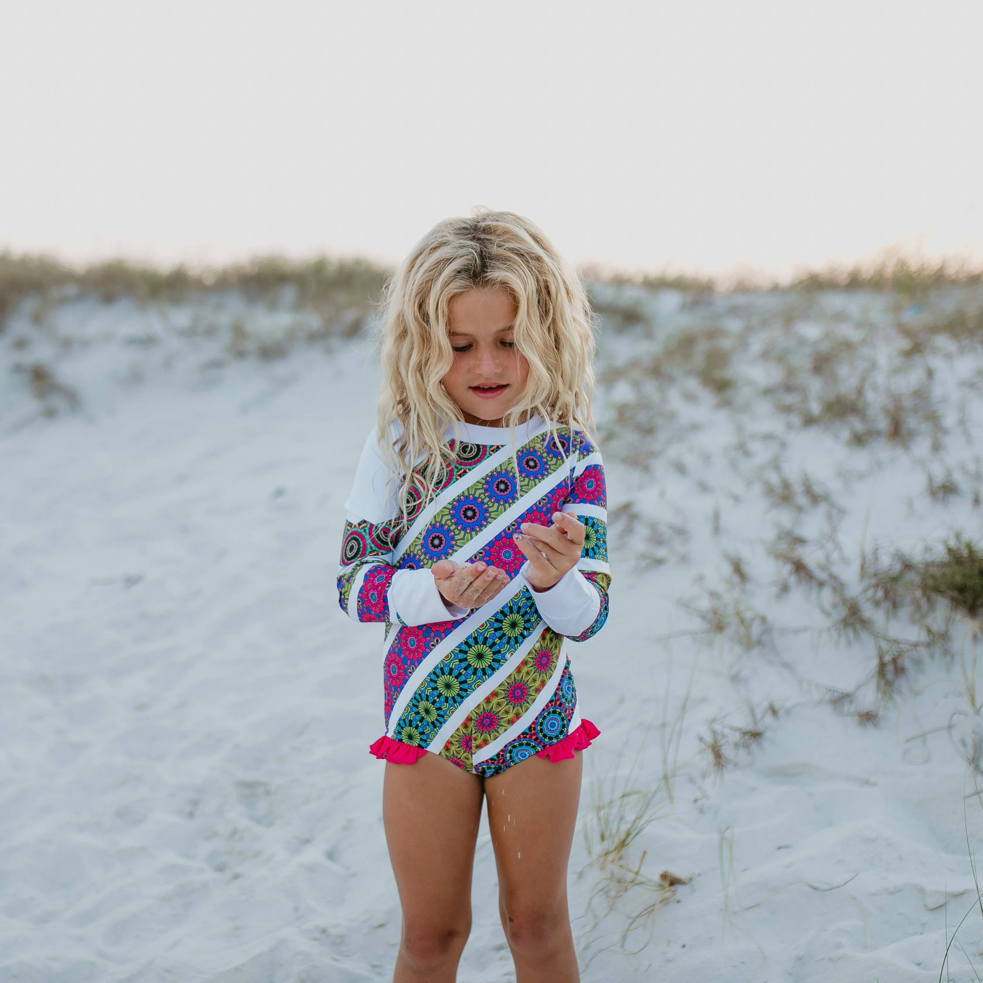 Kids Bright Mandala Stripe Zip Rash Guard One Piece Swimsuit: