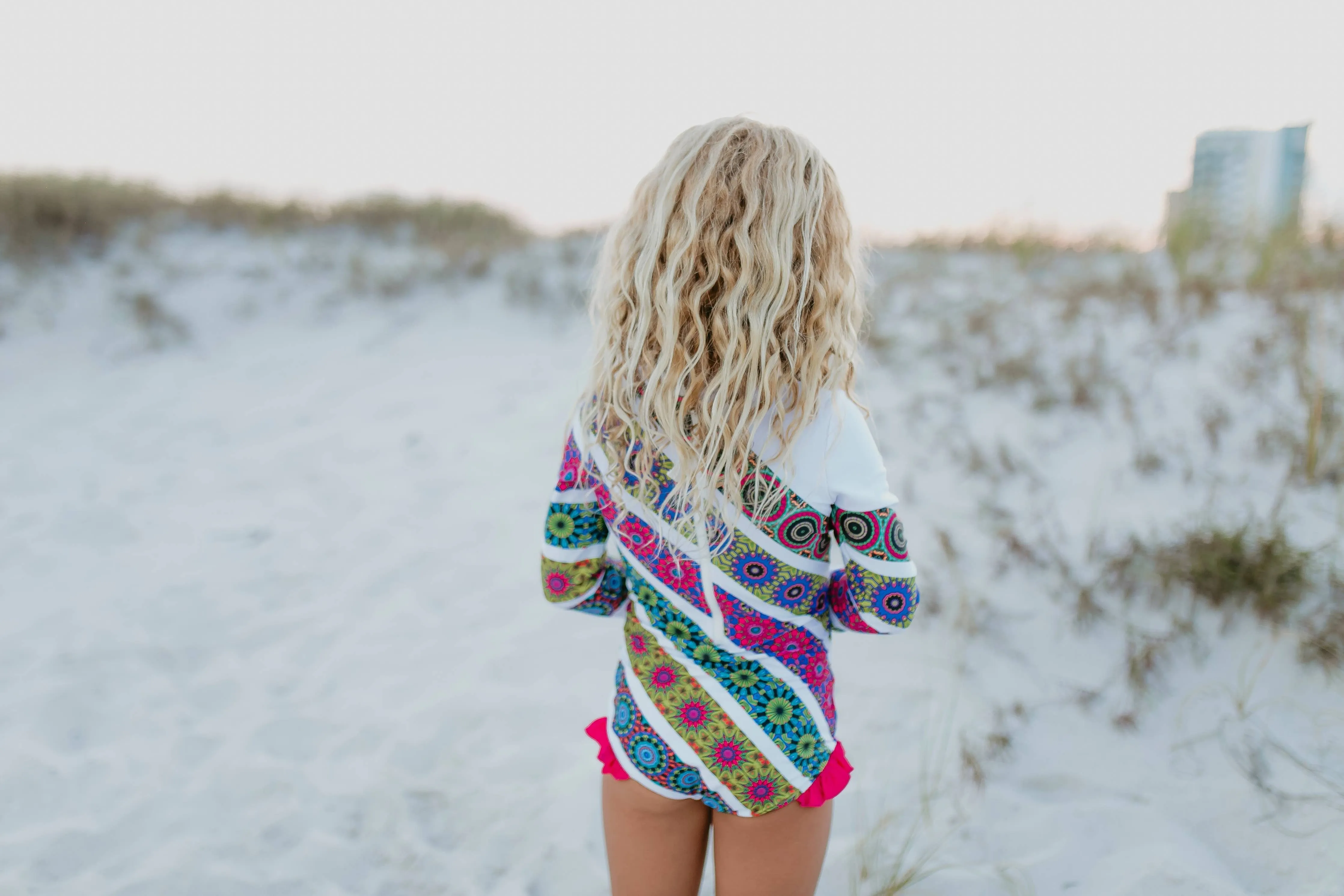 Kids Bright Mandala Stripe Zip Rash Guard One Piece Swimsuit: