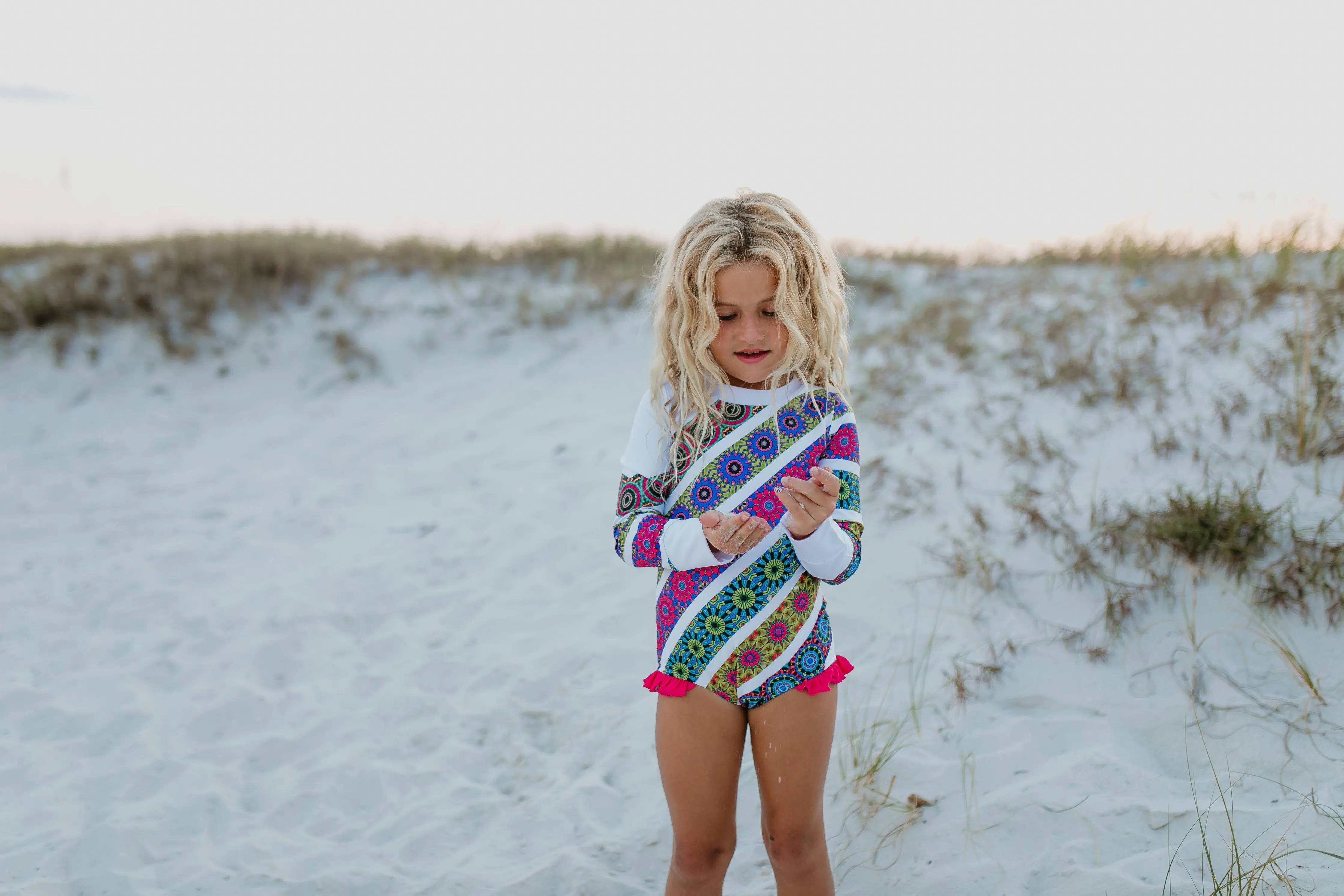 Kids Bright Mandala Stripe Zip Rash Guard One Piece Swimsuit: