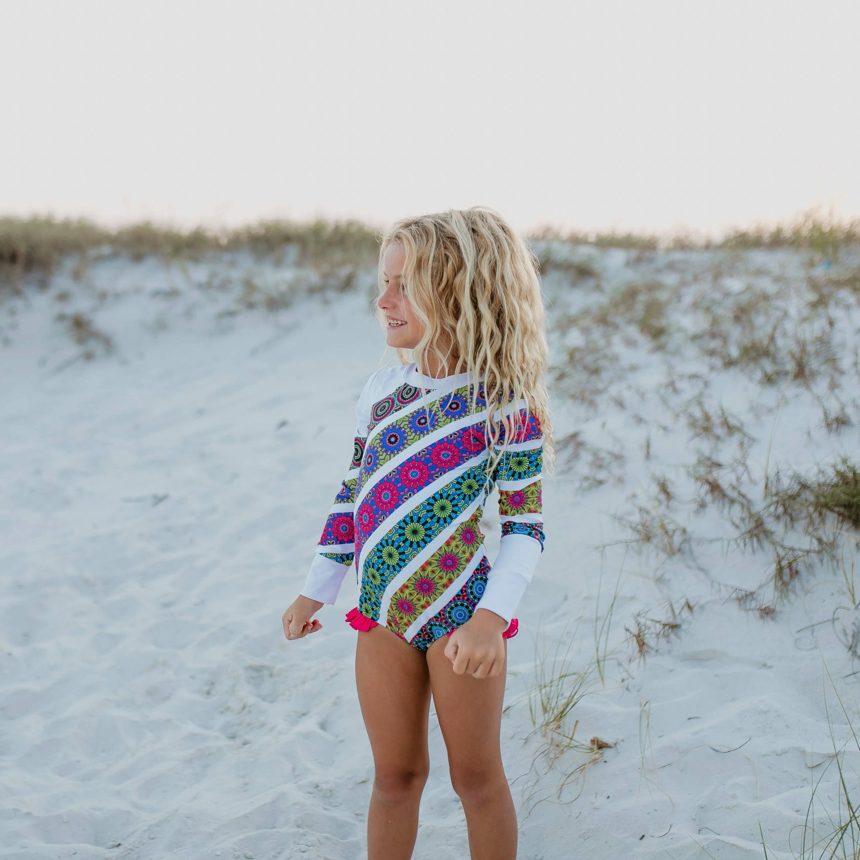 Kids Bright Mandala Stripe Zip Rash Guard One Piece Swimsuit: