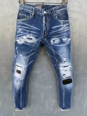 Stitching Hot Drill Washed Patch Elastic Foot Pants