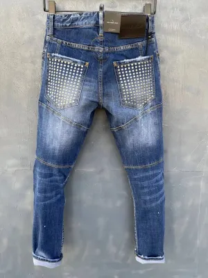 Stitching Hot Drill Washed Patch Elastic Foot Pants