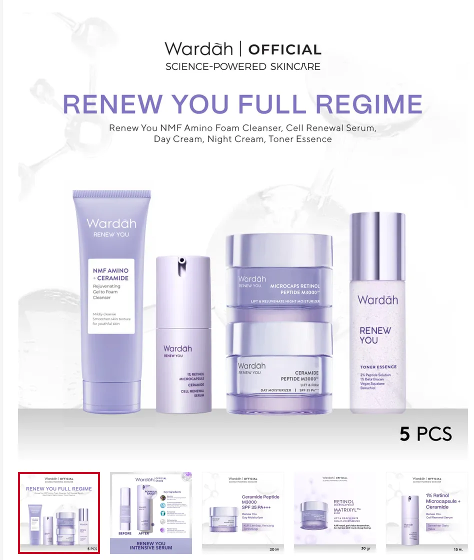 Wardah Renew You Paket Lengkap Full Regime (Serum, Night Cream, Essence, Day Cream, Facial Wash)